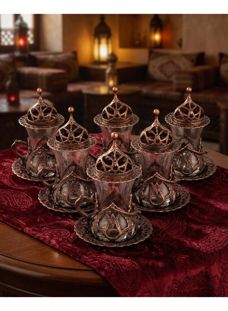 Acar Handmade Copper & Glass Turkish Tea Set (6 Glass Cups with Openable Tops (for Chocolate, Dates, or Turkish Delights) with Copper Saucers, Holders) – Antique Red Finish, Luxurious Design from Türkiye - Image 1